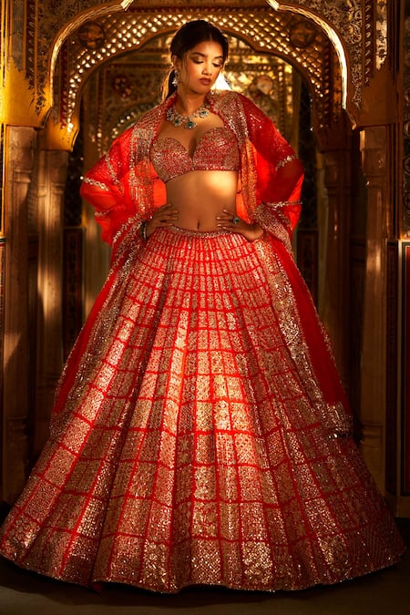 Buy Bollywood Lehenga - Cherry Red Cording Zari Embroidery Wedding Lehenga  Choli