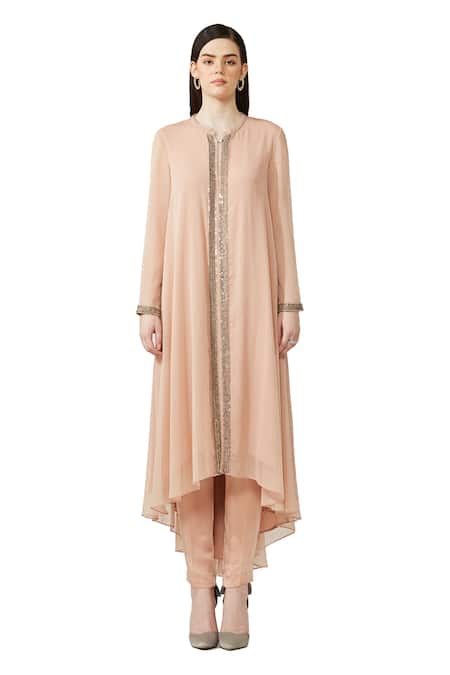 Rohit Gandhi + Rahul Khanna Peach Silk, Georgette Beads, Metallic Placket Embellished Kurta And Pant Set