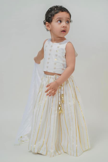 Kids Lehenga: Girls Off White Thread And Gota Embroidery Lehenga Choli Set  | Perfect Panache