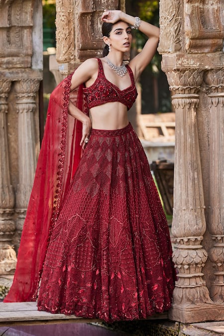 Mehak Murpana_Red Organza, Net, Lining Butter Crepe Cutdana, Embroidered Bridal Lehenga Set _at_Aza_Fashions