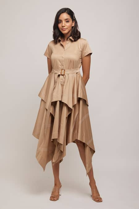 Escape By Aishwarya Beige Cotton Satin Solid Collared Neck Asymmetric Dress With Fabric Belt 