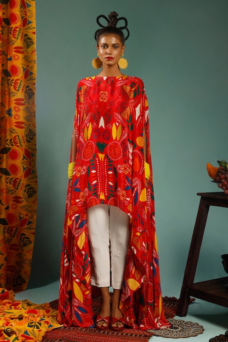 LABEL SHRISTI CHETANI Red Natural Crepe Printed Floral Round Asymmetric Draped Top And Pant Set 