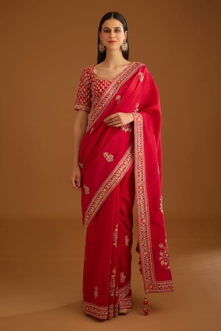 Light beige draped saree with tonal zardosi work. - ruceru