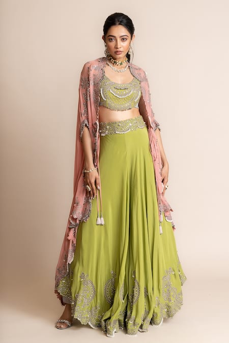 Nupur Kanoi Green Cape- Georgette Waistband Circular Pant Set With Contrast  