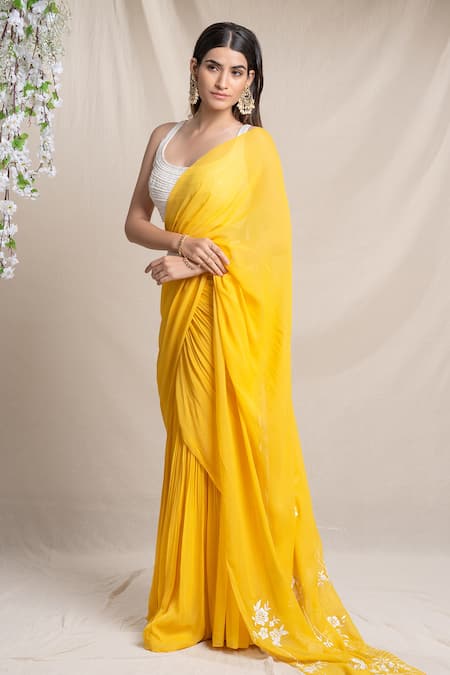 Sanjev Marwaaha Floral Embroidered Pre-Draped Saree With Blouse 