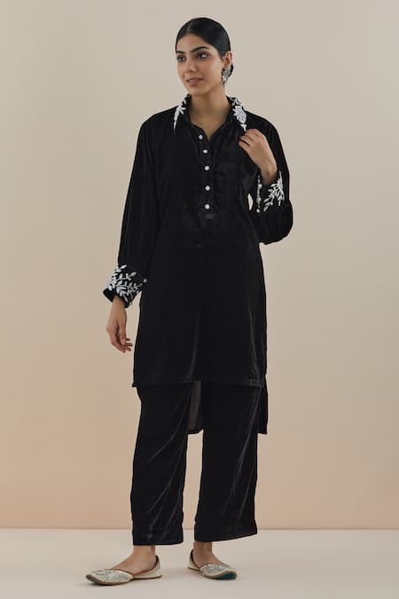 Makaan.51 Black Silk Velvet Embroidered Pearl Shirt Asymmetric Kurta Pant Set 