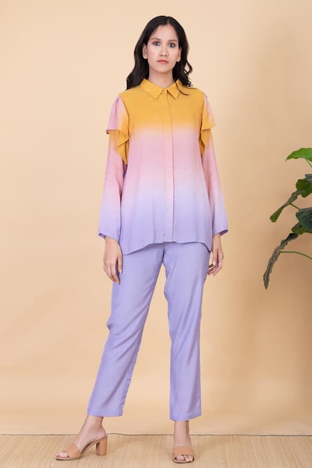 Chambray & CO. Blue Silk Split V-neck Acai Ombre Shirt And Pant Set