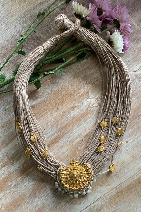 Nayaab by Sonia Gold Plated Jute Carved Pendant Necklace 