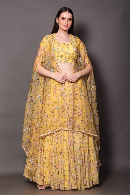 Vara by Vibha n Priti Floral Print Tiered Lehenga Cape Set 