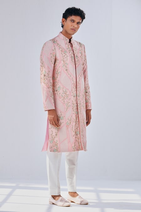 Shreyansh Designs Pink Dupion Silk Embroidery Floral Flowr Sherwani 