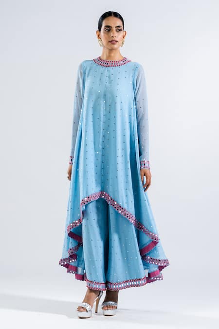 Buy Vvani By Vani Vats Blue Georgette, Silk Mirrors, Embroidery Round High Low Hem Kurta And Palazzo Set Online at Aza Fashions Buy_Vvani By Vani Vats_Blue Georgette, Silk Mirrors, Embroidery Round High Low Hem Kurta And Palazzo Set _Online_at_Aza_Fashions