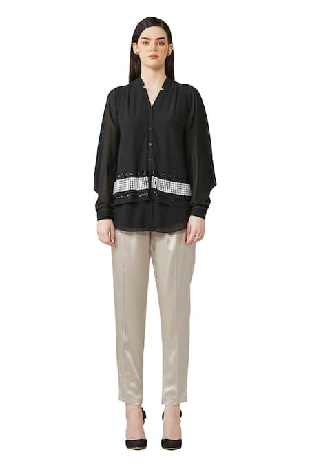 Rohit Gandhi + Rahul Khanna Black Viscose Georgette Embellished Shirt Collar V Neck Embroidered