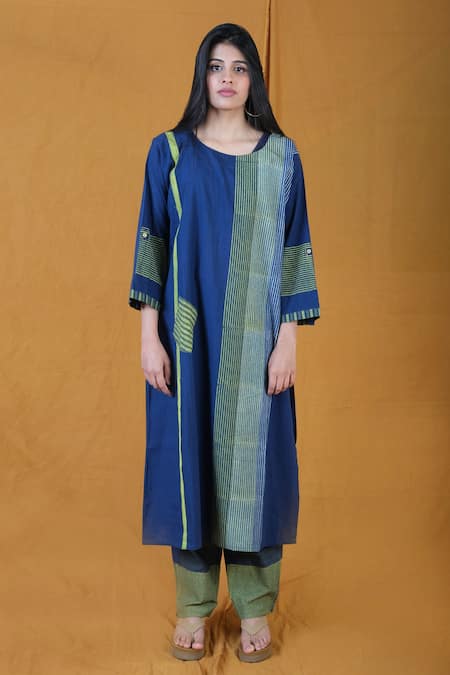 BANANA labs Blue Cotton Printed Striped Round Flabber Twister Kurta And Pant Set 