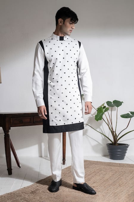 Abkasa Ivory 100% Cotton Modal Silk Embroidered Beads Kurta And Pyjama Set  