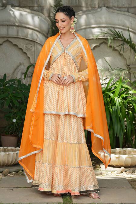 Buy Bairaas Orange Muslin Embroidered Gota V Neck Kurta Set at Aza Fashions Buy_Bairaas_Orange Muslin Embroidered Gota V Neck Kurta Set_at_Aza_Fashions