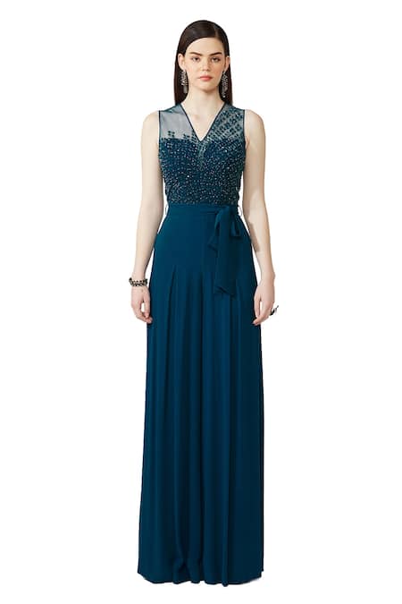 Rohit Gandhi + Rahul Khanna Blue Georgette Embroidered V Neck Jumpsuit With Belt