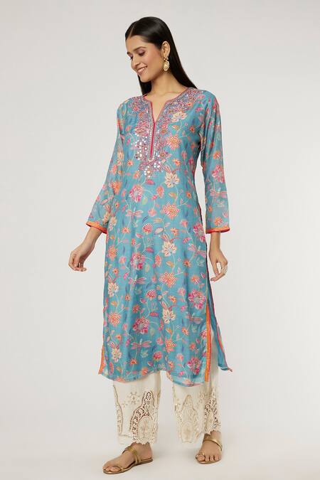 Buy Gopi Vaid Blue Cotton, Silk Embroidery Split V-neck Naaz Floral Pattern Tunic at Aza Fashions Buy_Gopi Vaid_Blue Cotton, Silk Embroidery Split V-neck Naaz Floral Pattern Tunic_at_Aza_Fashions