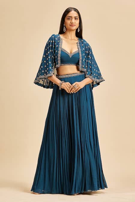 Nitika Gujral Blue Georgette Embroidery Beads And Cutdana Sweetheart Cape Pleated Lehenga Set 