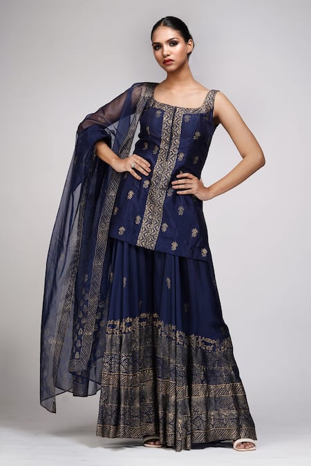 Shruti S Blue Kurta Silk Hand Block Print Floral Square Neck Metallic Sharara Set 