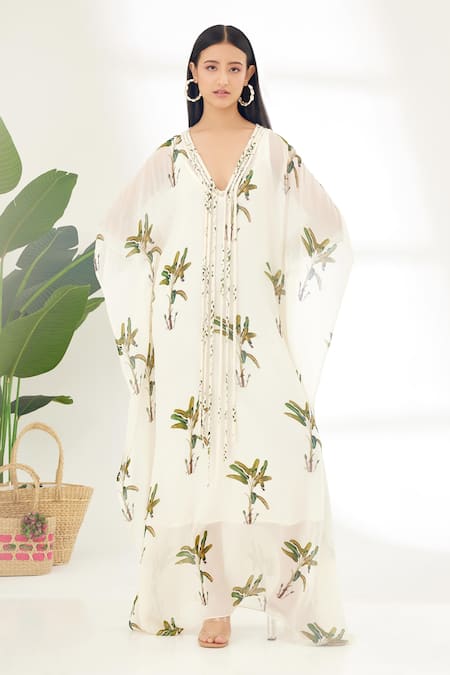 Nikasha Off White Georgette Printed Banana Tree V Neck Hand Kaftan 