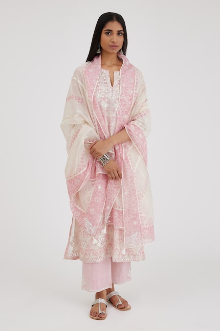 KORA Cotton Chanderi Kurta Pant Set 