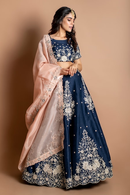 Kesar Studio Blue Bamberg Silk (80 Grams) Embroidered Aari Round Blouse Lehenga Set 