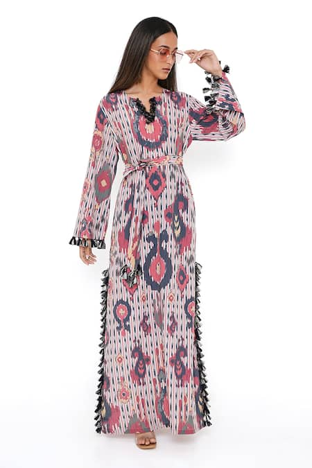 PS Pret by Payal Singhal Red Art Crepe Ikat Tribe Notched Kaftan 