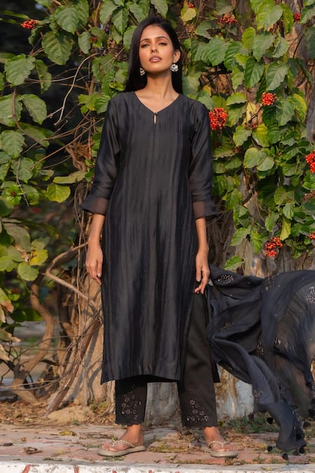 Buy Black Woven Design Chanderi Silk Straight Kurta Online at Rs.1033 |  Libas