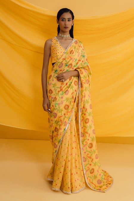 Drishti & Zahabia Yellow Dupion Silk Printed Floral V Neck Saree With Blouse