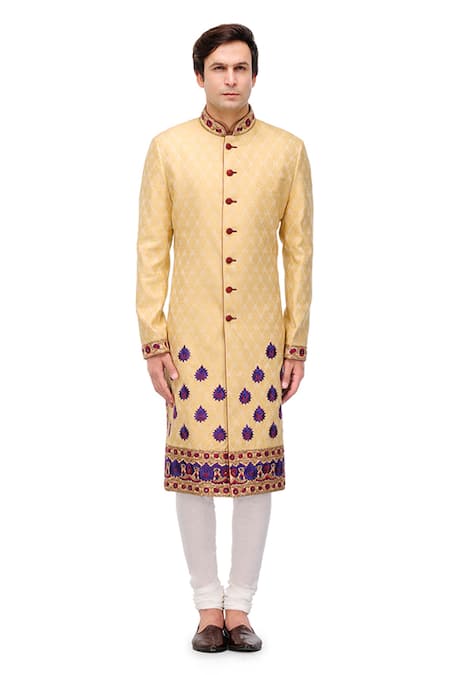 A!A By Abrar Ali Beige Brocade Woven Floral Motifs Pattern Sherwani  