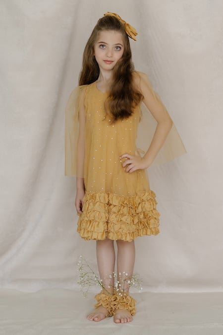 Swati Golyan Yellow Net Embroidery Sequins Cape Sleeves Dress  