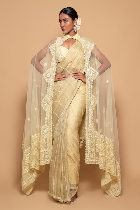 Pallavi Poddar Yellow Net, Tissue Sequins, Light Gamma Mirror Work Embellished Cape Saree Set 