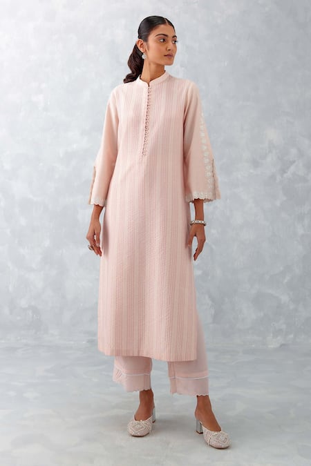 Devnaagri Pink Cotton, Silk Organza Cut Work, Embroidery Pintucked Thread Kurta Set 
