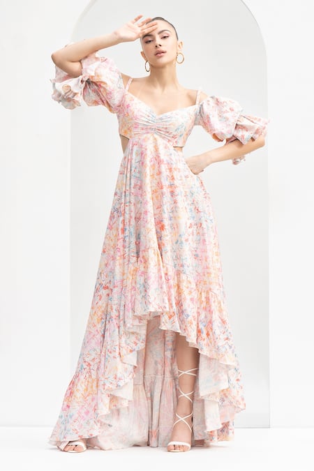Mandira Wirk Pink Lurex Jacquard Leaf Cold Shoulder Dress