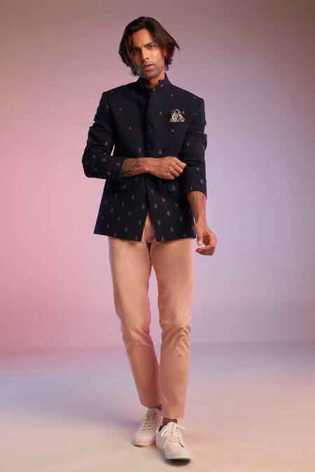 Buy S&N By Shantnu Nikhil Blue Lycra And Viscose, Nylon Thread Embroidered Bandhgala at Aza Fashions Buy_S&N By Shantnu Nikhil_Blue Lycra And Viscose, Nylon Thread Embroidered Bandhgala_at_Aza_Fashions