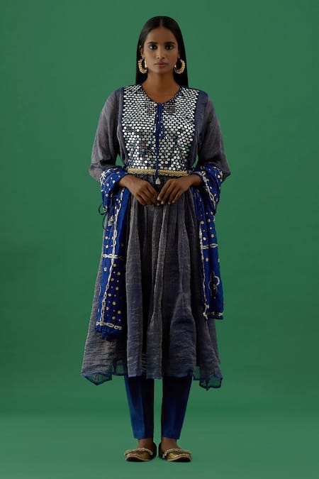 5elements Blue Chanderi Silk Tissue Embellishment Mirror And Ghungroo Work Anarkali Set 