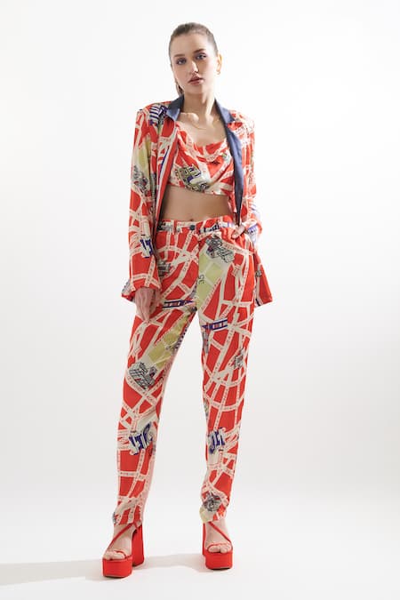 Cin Cin Red Silk Rome Collared Neck Jacket Pant Set 