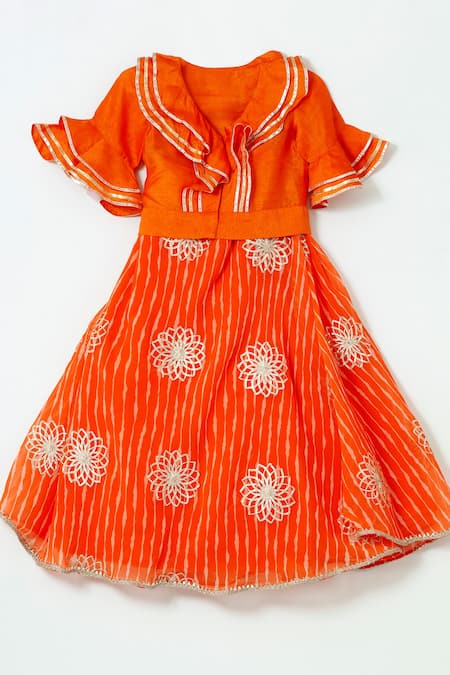 Shop_Shruti Jalan_Orange Cotton, Georgette, Crepe Leheriya Pattern Lehenga And Ruffled Shirt Set _at_Aza_Fashions