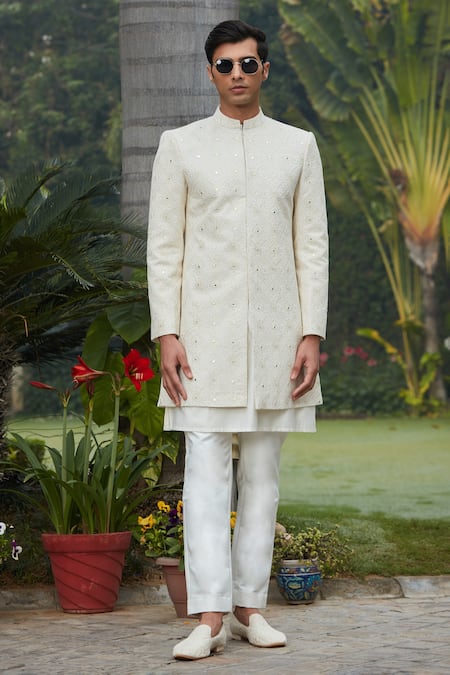 Bohame Off White Achkan Jacket Georgette Embroidery Ahim Set