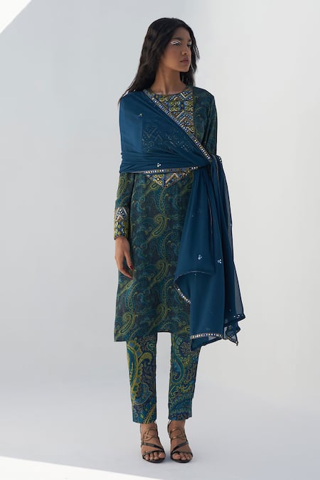 Buy_Nadima Saqib_Blue Crepe Mirrors, Beads Round Neck Yoke Embroidered And Printed Kurta _Online_at_Aza_Fashions