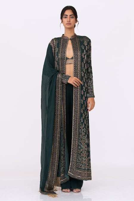 Nakul Sen Green Chiffon Embroidery, Cut Work Mandarin Collar Cutdana Jacket Palazzo Set 