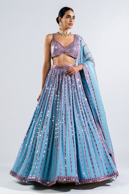 Vvani By Vani Vats Blue Georgette, Satin, Organza Sequins, Mirrors, Embroidery Ice Lehenga Set 