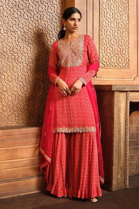 Delightful Red Georgette Sharara Suit For Wedding – Kaleendi