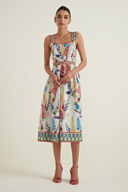 RANNA GILL Multi Color Viscose Linen Print Meadow Square Neck Dress