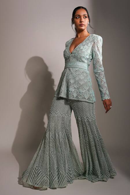 Ritika Mirchandani_Blue Net, Crepe And Double Georgette Resham, Embroidered Short Kurta & Sharara Set _Online_at_Aza_Fashions