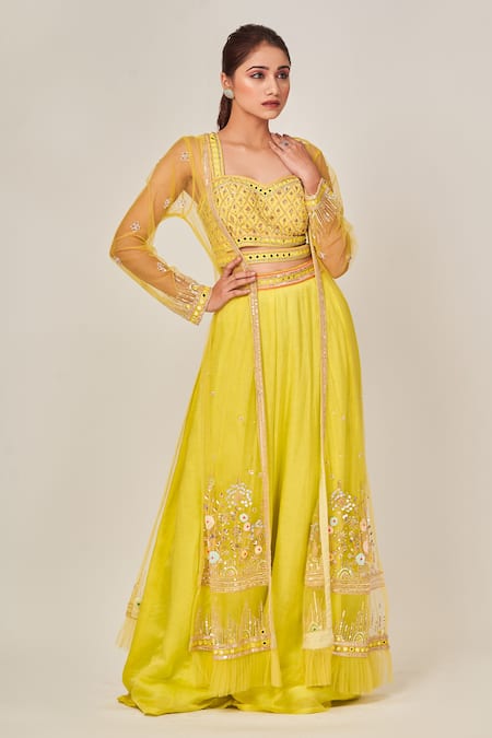 Tamaraa By Tahani Green Mull Silk Embellished Sequins Sweetheart Neck Bouse Sharara Set 