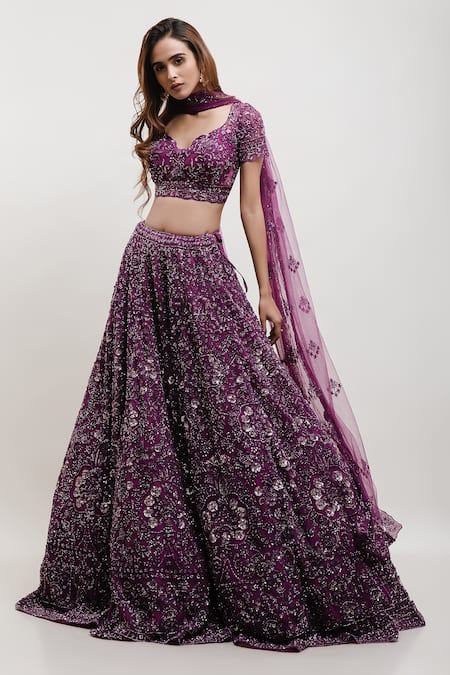 Kalighata Purple Organza, Net Cut Work, Sequins Floral Embellished Bridal Lehenga Set 