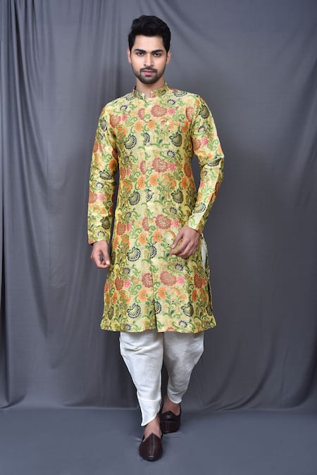 Arihant Rai Sinha Green Silk Blend Woven Floral Floret Kurta And Cream Cowl Pant Set 