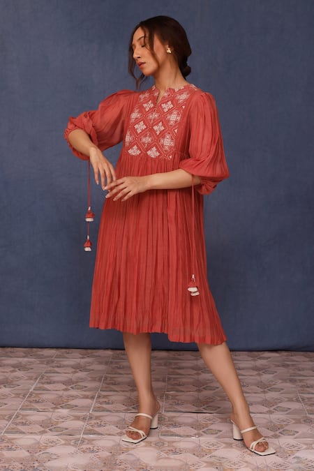 Chokhi Chorri Red Cotton Beads Open Neck Nika Embroidered Yoke Dress 