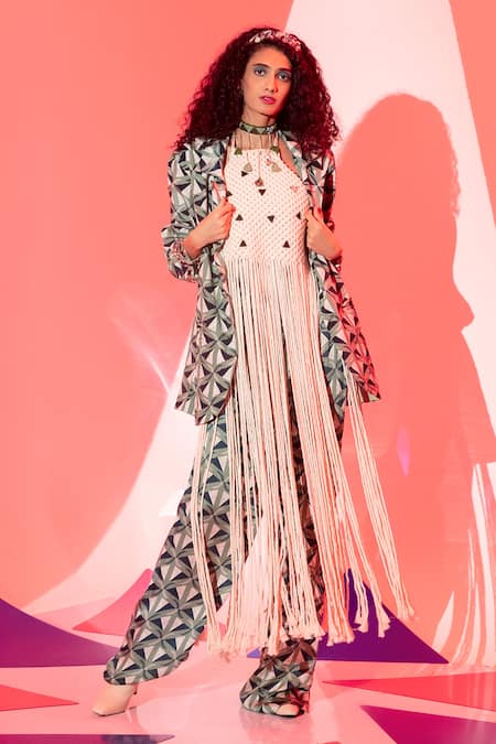 Buy Esha L Amin Multi Color Viscose, Crepe Triangle Print Blazer Online at Aza Fashions Buy_Esha L Amin_Multi Color Viscose, Crepe Triangle Print Blazer _Online_at_Aza_Fashions